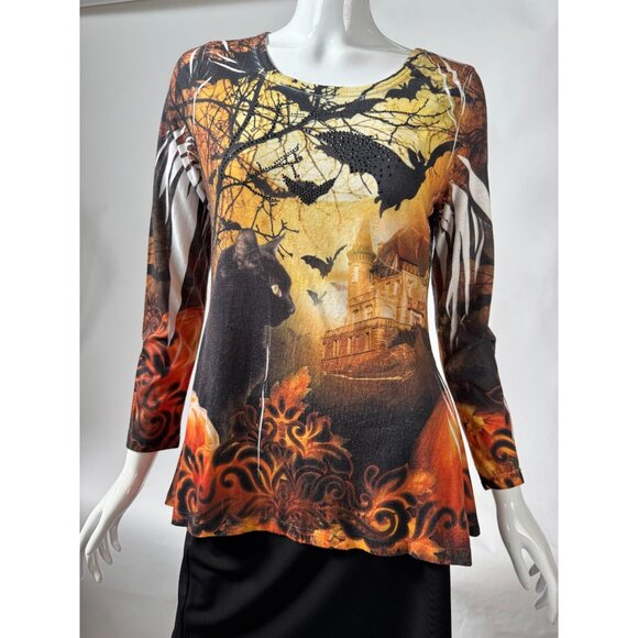Halloween Castle & Cat Print Long Sleeve Tunic Top - Picture 1 of 16